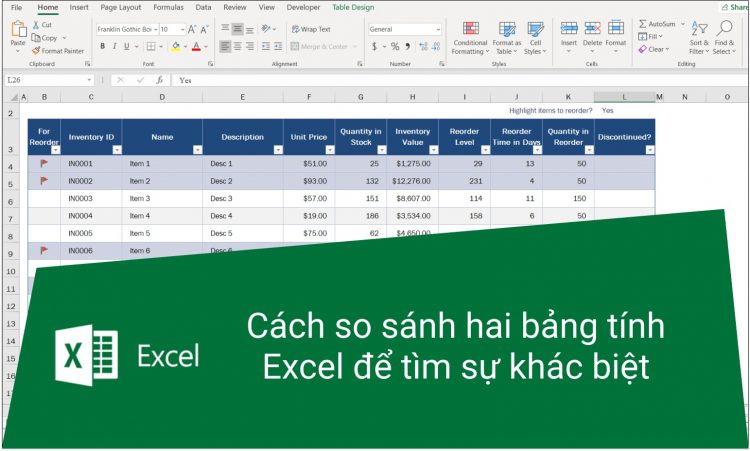 Cách so sánh 2 file excel
